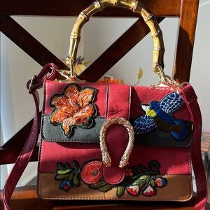 Embroidered Red Floral Satchel with Bamboo-Style Top Handle